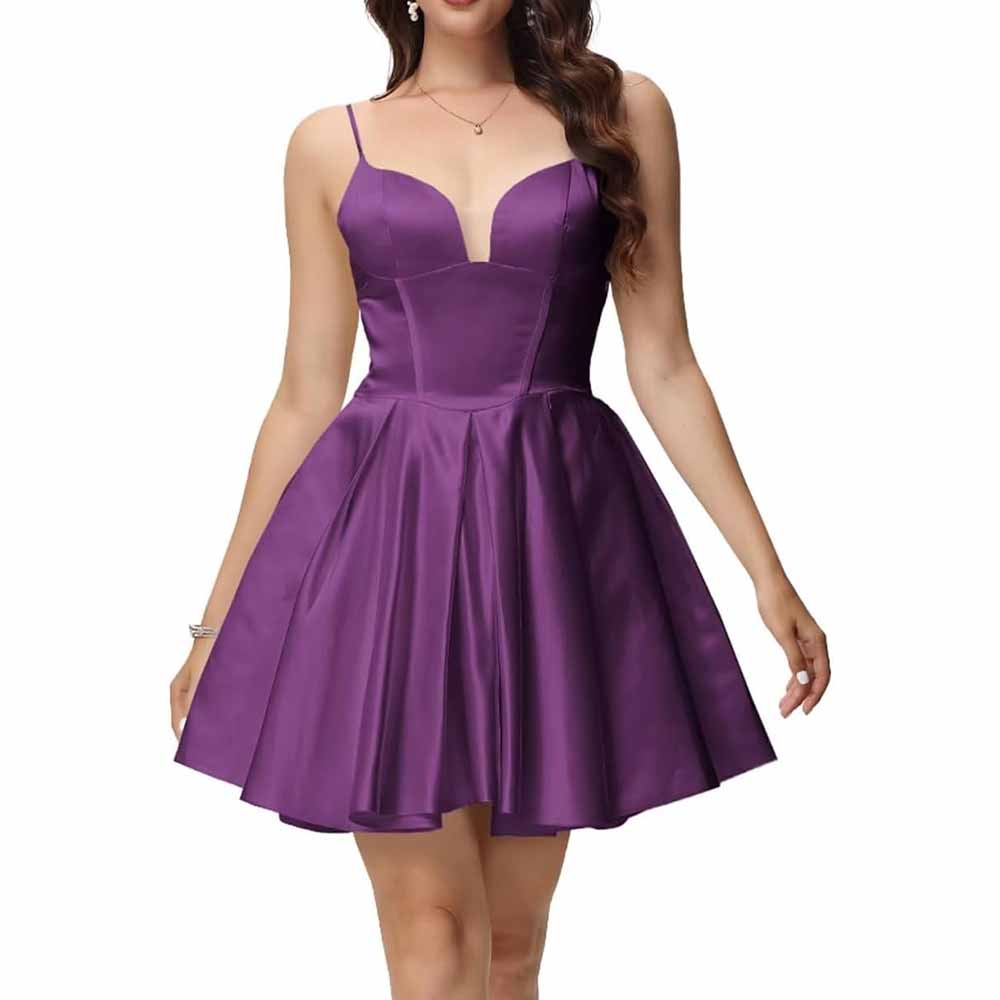 Women's Satin Homecoming Dresses for Teens Short Prom Dresses with Pockets