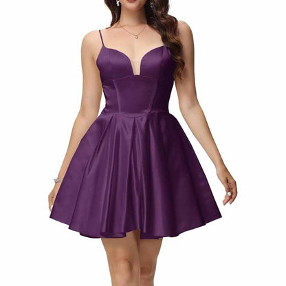 Women's Satin Homecoming Dresses for Teens Short Prom Dresses with Pockets