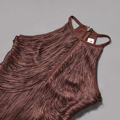 Brown skirt suit featuring a glam party gown with tassel design and sleek silhouette