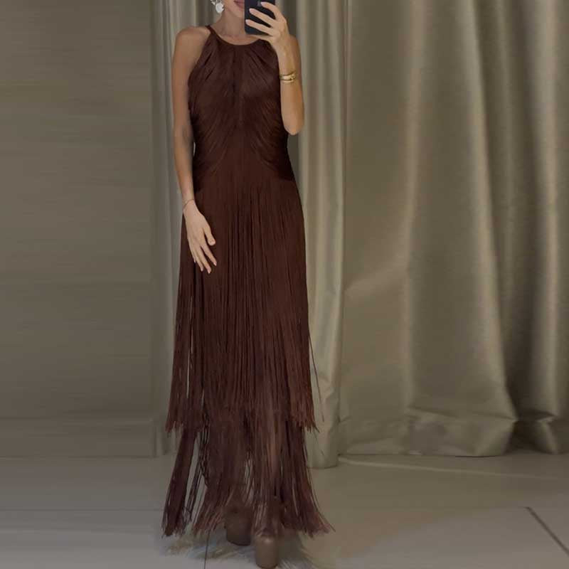 Elegant brown glam party gown with tassel details for a stunning evening look