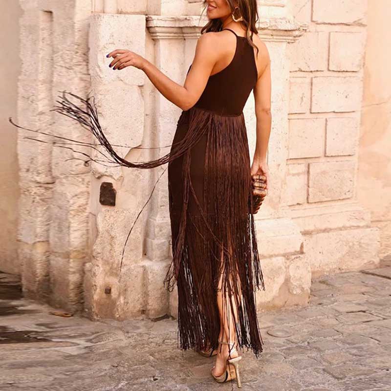 Glam party gown with tassel featuring a sleek silhouette and stylish fringe for a chic look