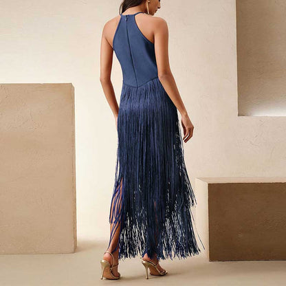 Elegant glam party gown with tassel detailing, showcasing a sleek design and fringed back for a stunning look