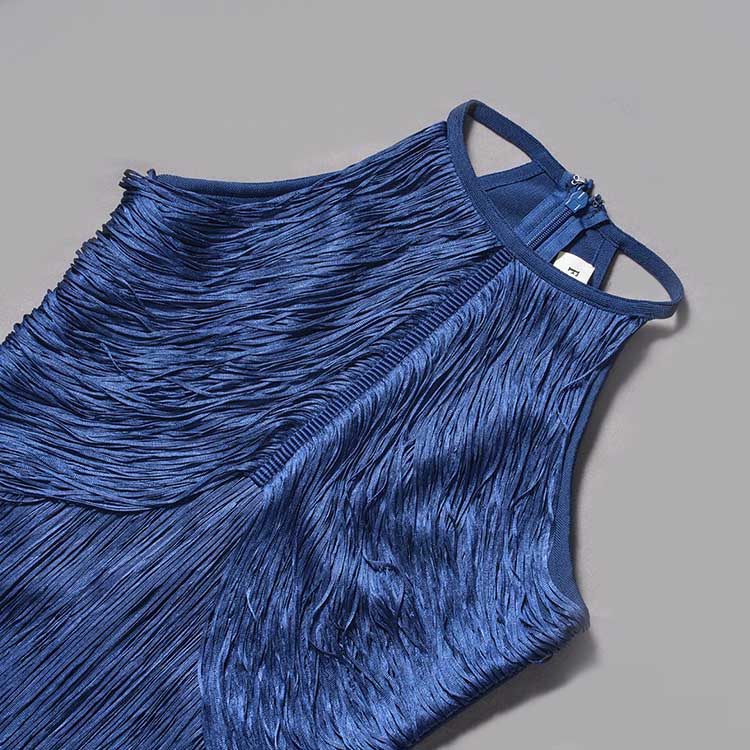 Elegant blue glam party gown with tassel showcasing a chic sleeveless design