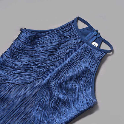 Elegant blue glam party gown with tassel showcasing a chic sleeveless design