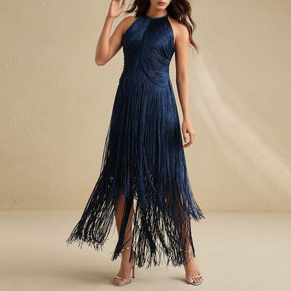 Elegant navy glam party gown with tassel detailing, perfect for formal events and celebrations