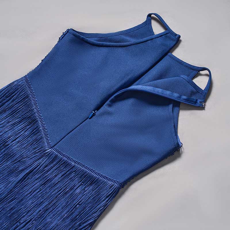 Elegant blue glam party gown with tassel detailing, perfect for special occasions and events