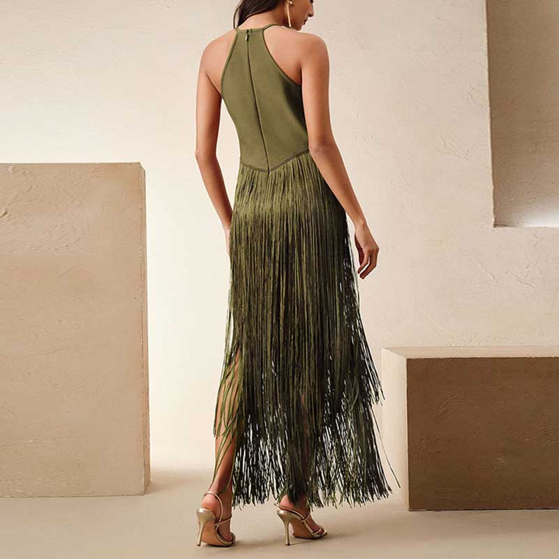 Glam party gown with tassel in olive green featuring a stylish back design and fringe detailing