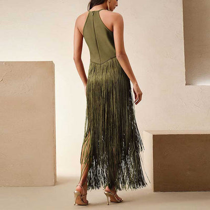 Glam party gown with tassel in olive green featuring a stylish back design and fringe detailing