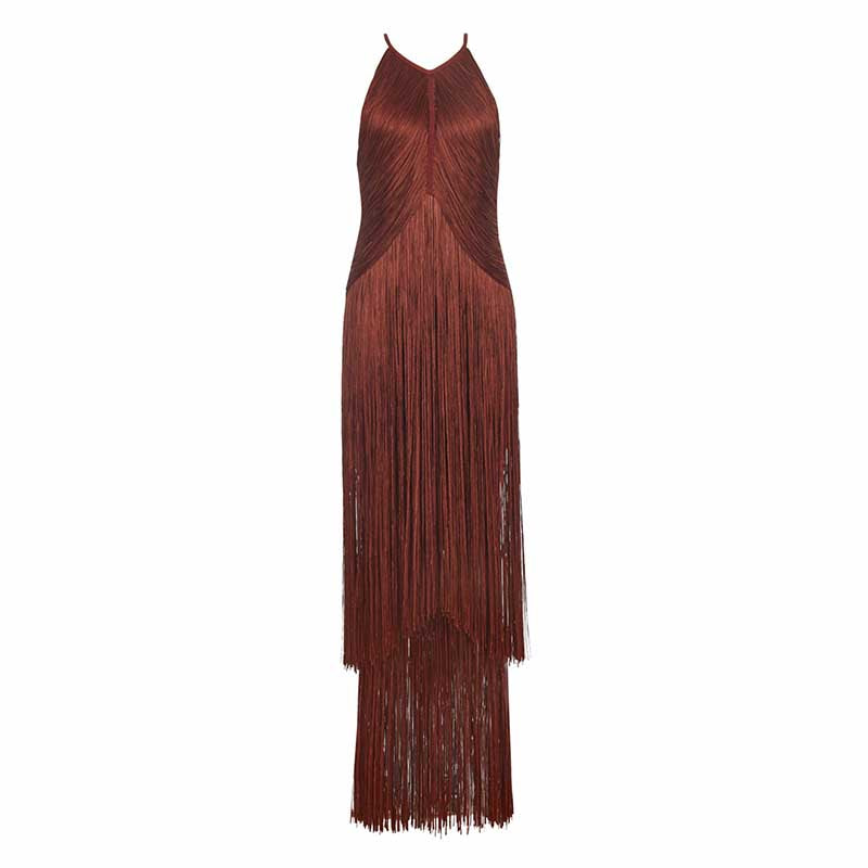 Glam party gown with tassel in red featuring a sleek silhouette and cascading fringe details
