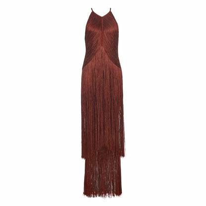 Glam party gown with tassel in red featuring a sleek silhouette and cascading fringe details