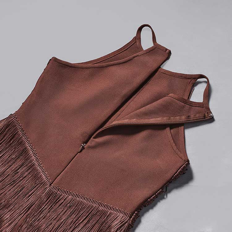 SD Dresscode glam party gown with tassel in rich brown showcasing stylish design and detailed texture