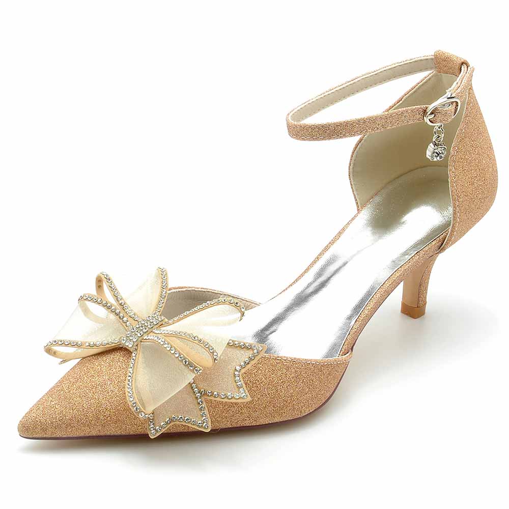 Glitter bridal shoes low heel with elegant bow and ankle strap for weddings