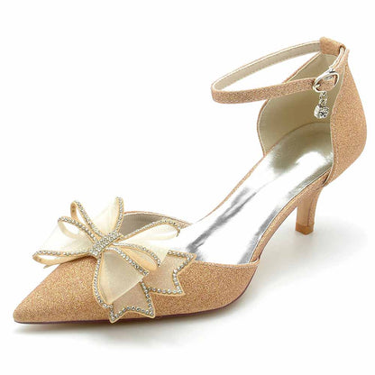 Glitter bridal shoes low heel with elegant bow and ankle strap for weddings