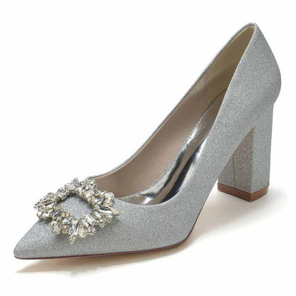 Silver S&DCo. heels featuring glitter bridal shoes with beaded buckle for elegant occasions