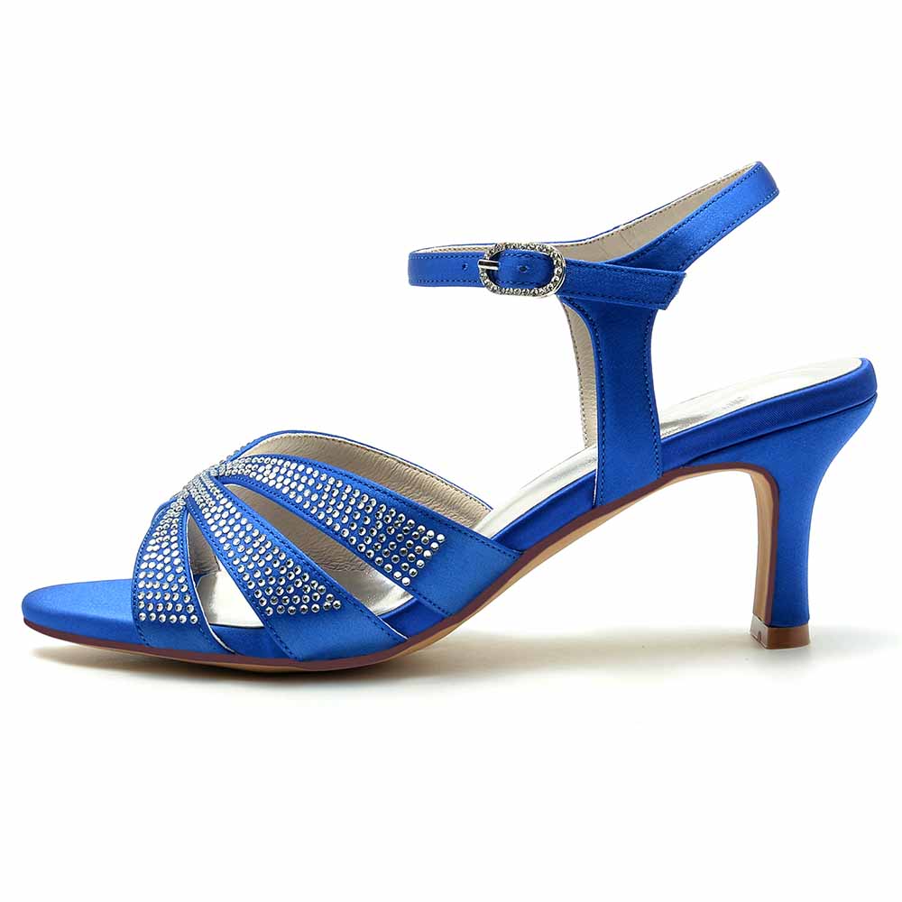 S&DCo. blue glitter satin prom heels with elegant strap design and embellished details