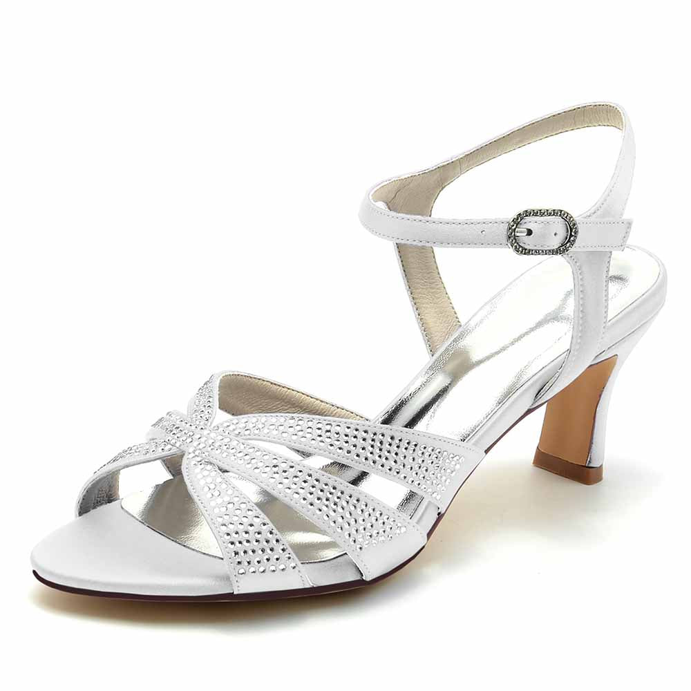 White glitter satin prom heels with cross-strap design and ankle buckle for elegant occasions