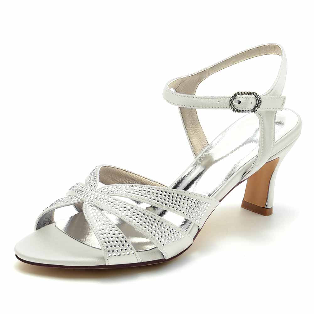 Elegant white glitter satin prom heels with shimmering details and ankle strap for special occasions