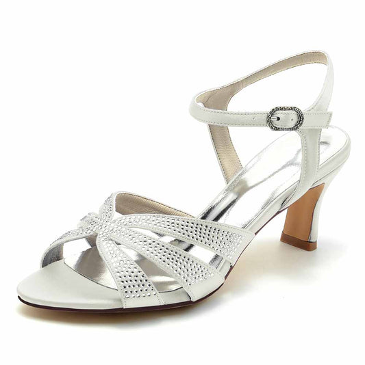Elegant white glitter satin prom heels with shimmering details and ankle strap for special occasions