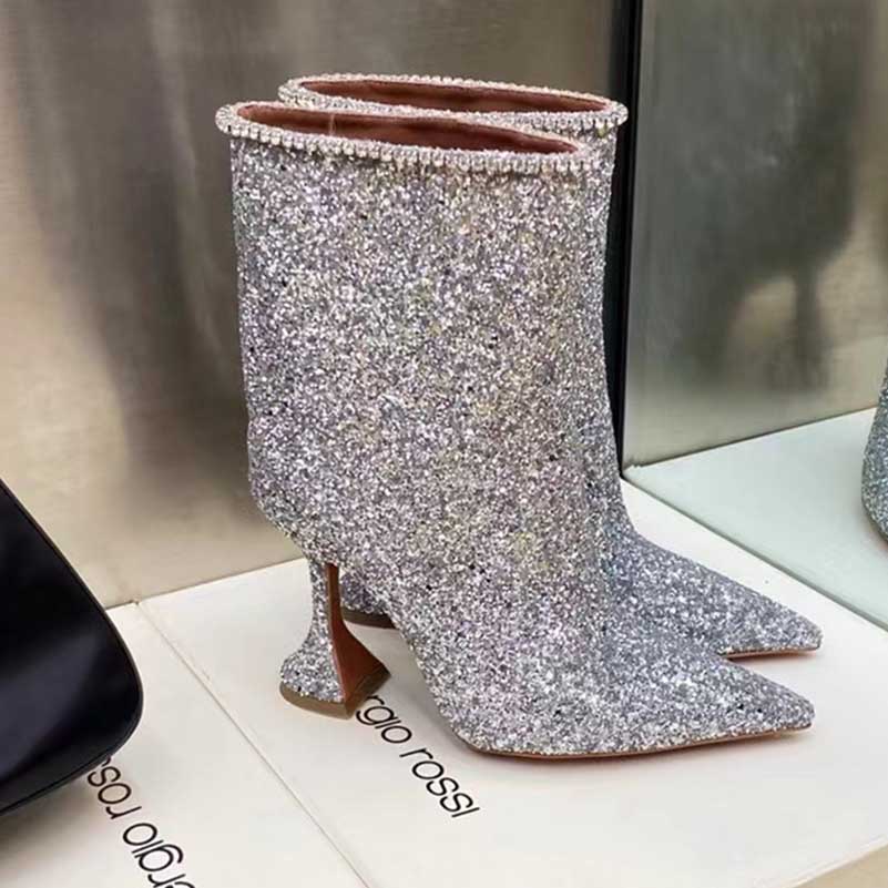 Special-Shaped Heeled Glitter Ankle Boots With Rhinestone