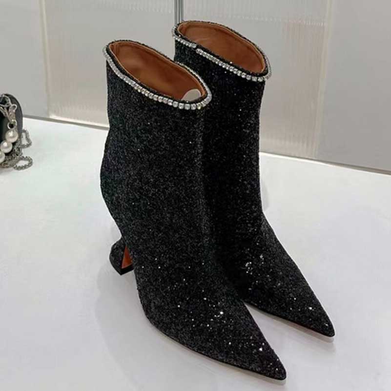 Special-Shaped Heeled Glitter Ankle Boots With Rhinestone