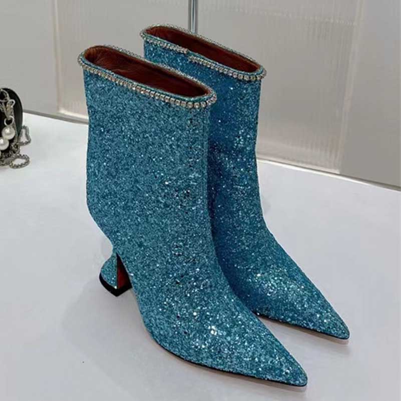 Special-Shaped Heeled Glitter Ankle Boots With Rhinestone