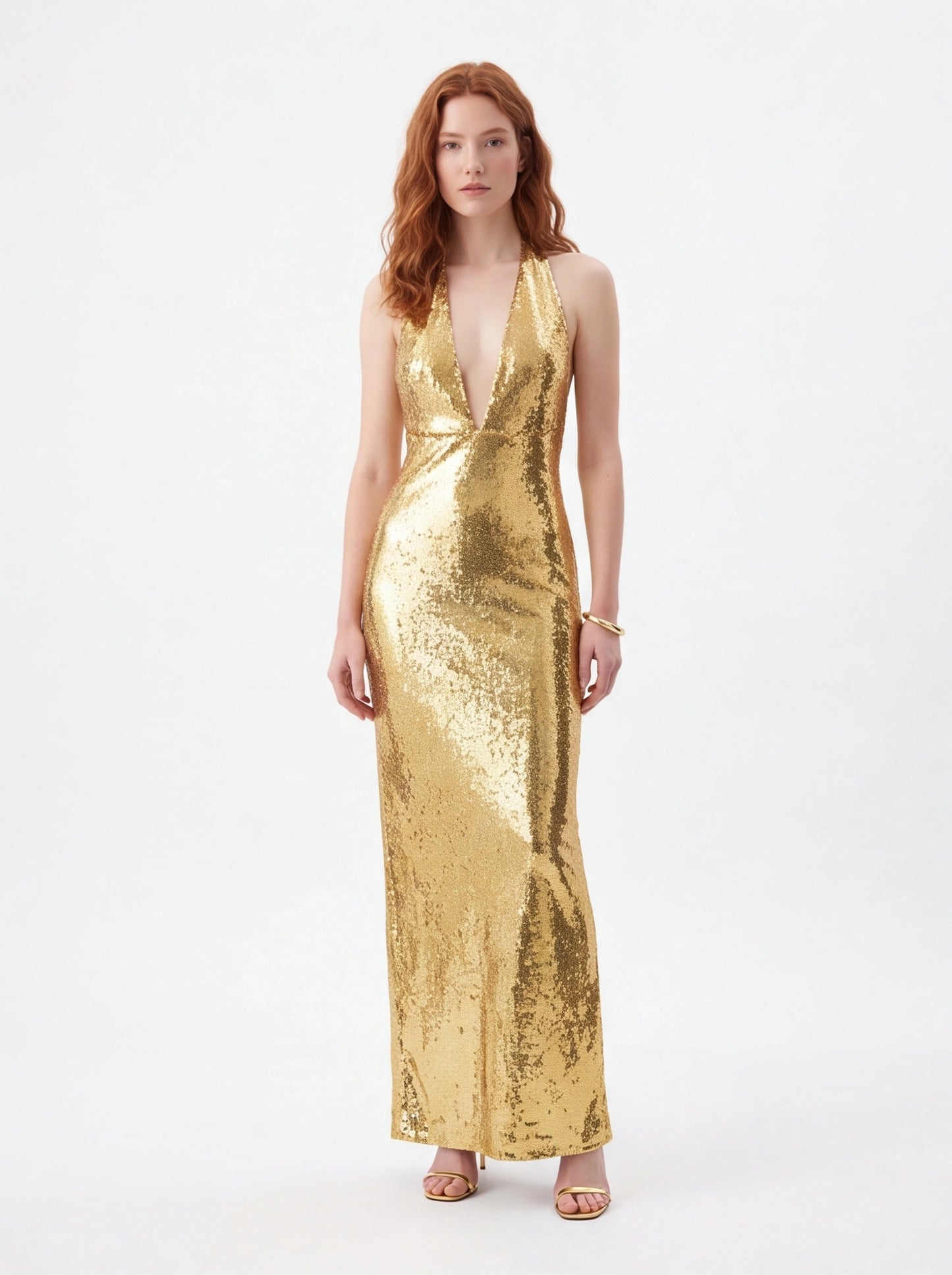 Gold halter deep V-neck sequin maxi dress for formal events