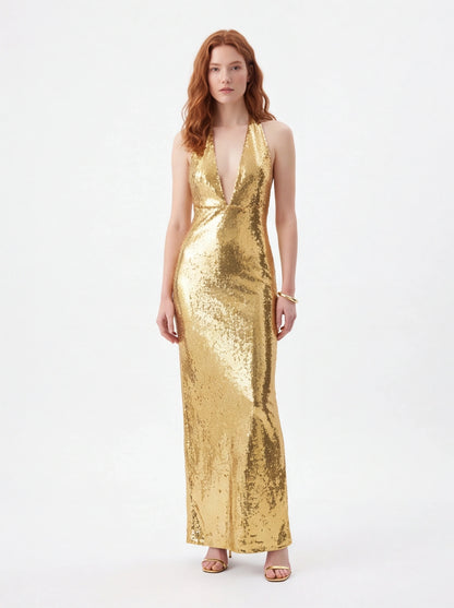 Gold halter deep V-neck sequin maxi dress for formal events