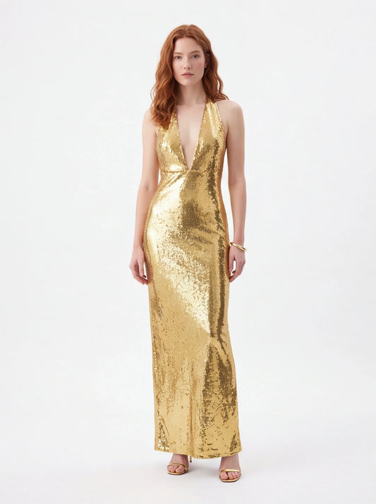 Gold halter deep V-neck sequin maxi dress for formal events