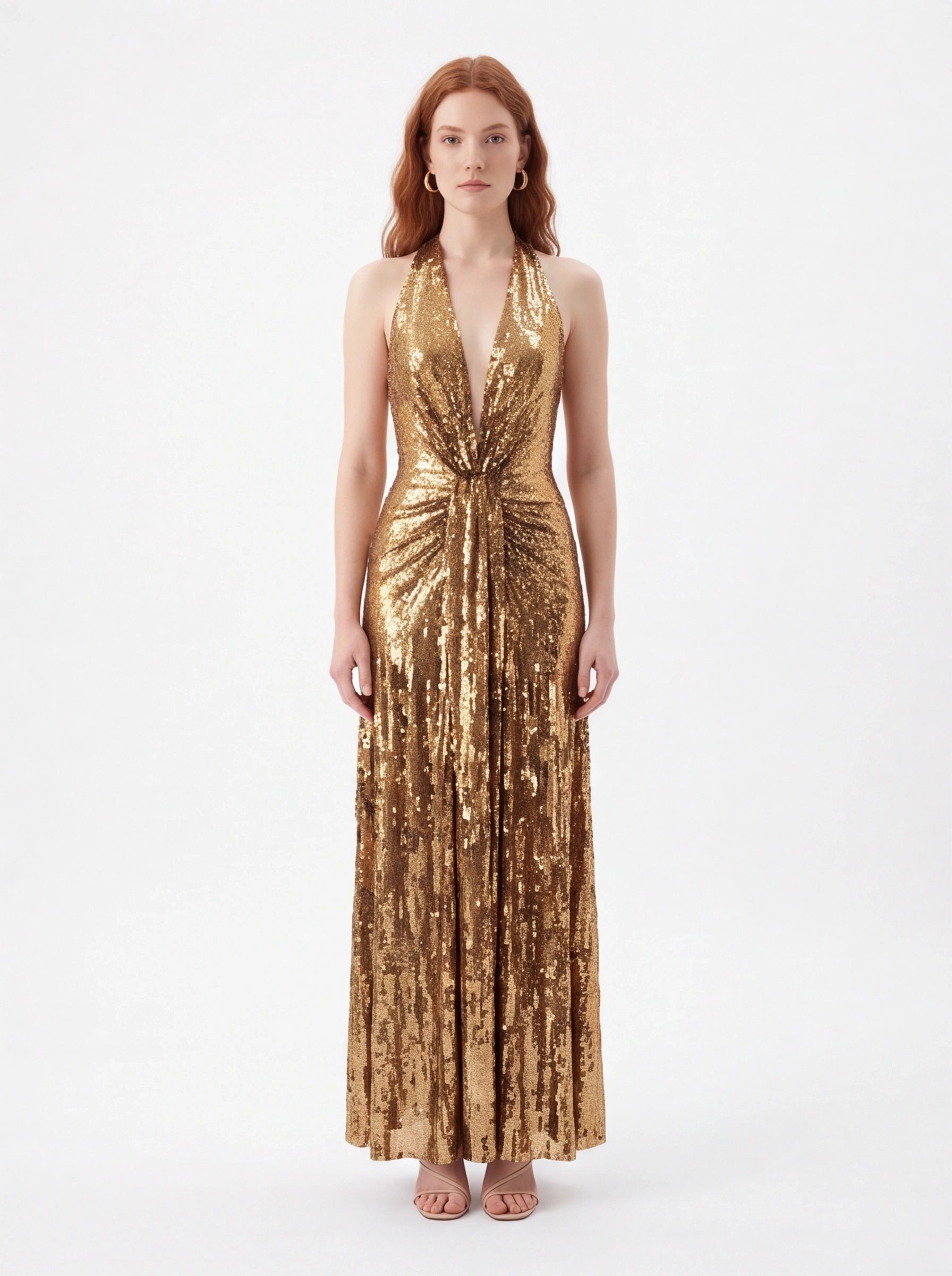 Gold halter v-neck sequin maxi dress for formal events 