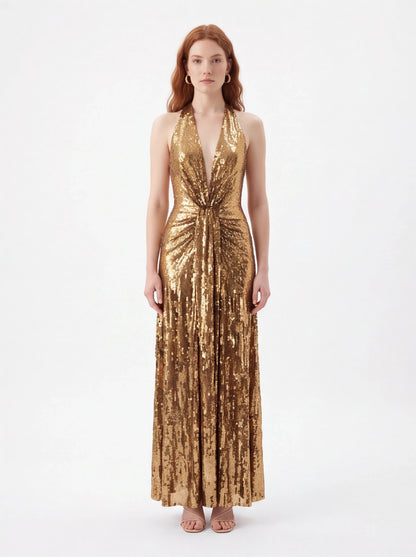 Gold halter v-neck sequin maxi dress for formal events 