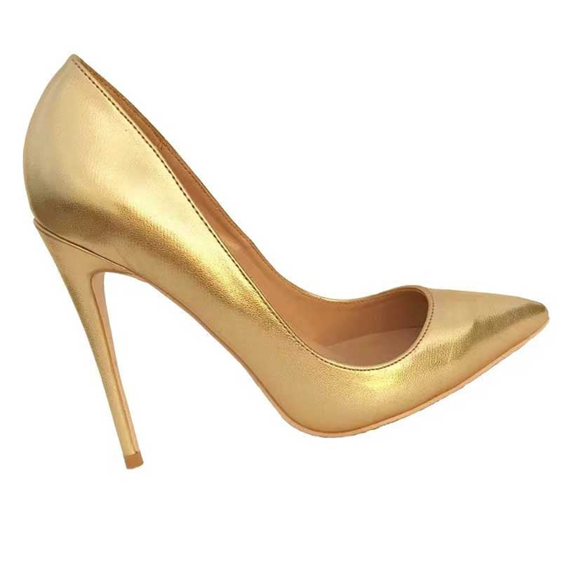Elegant gold heel pumps for women featuring a sleek pointed toe and a stylish high stiletto heel