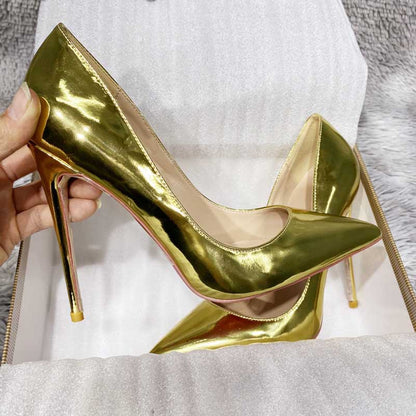 SD Dresscode gold heel pumps for women in shiny finish with sleek stiletto design