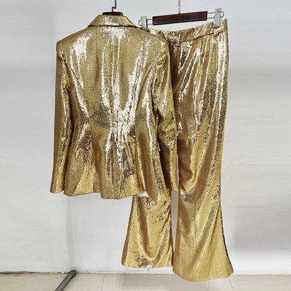 Gold sequin blazer pantsuit for women featuring a shining blazer and matching pants