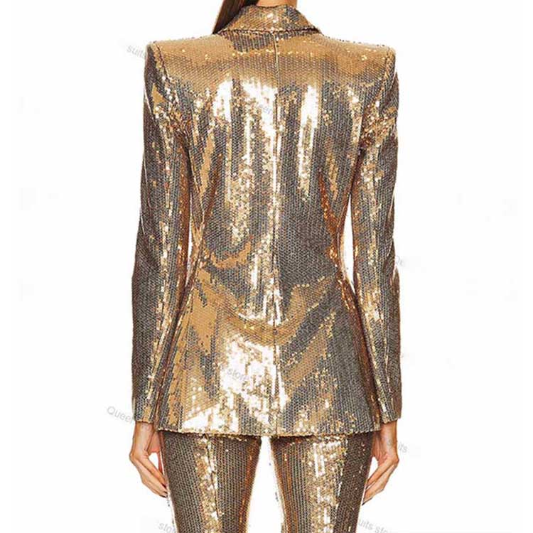 Stylish gold sequin blazer pantsuit for women featuring a fitted silhouette and elegant design