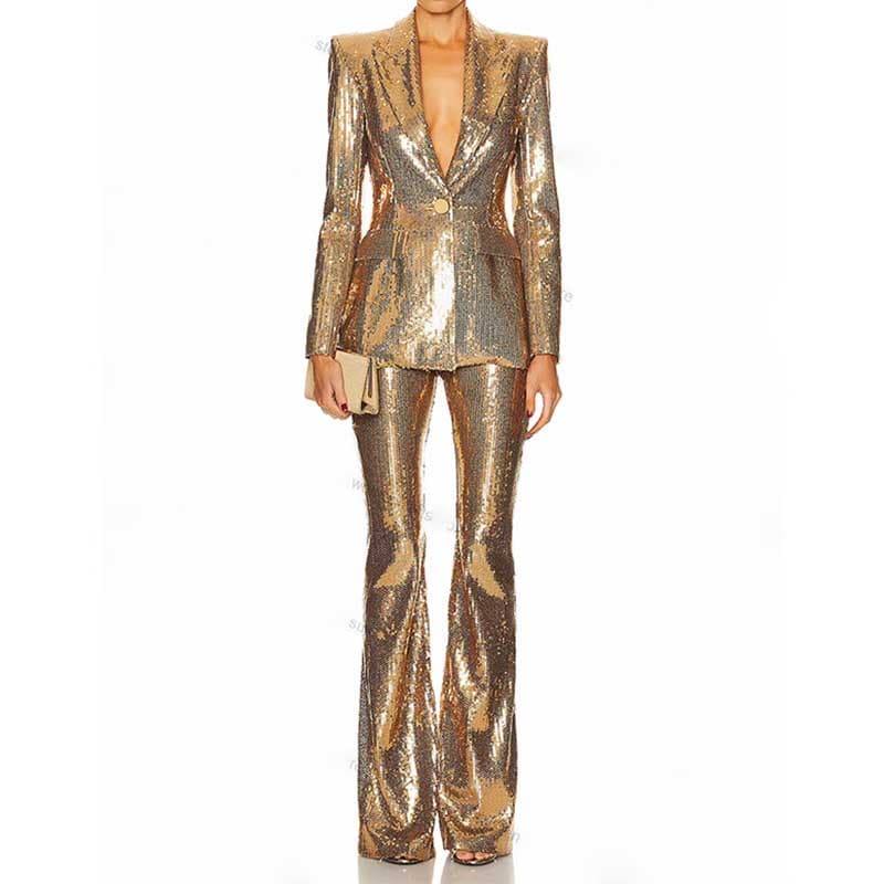 Gold sequin blazer pantsuit for women with a stylish fitted design and flared pants