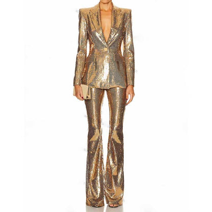 Gold sequin blazer pantsuit for women with a stylish fitted design and flared pants