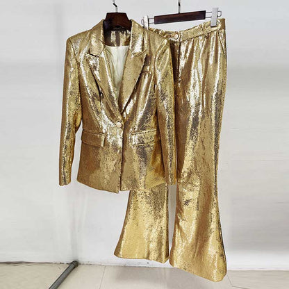Gold sequin blazer pantsuit for women featuring a shiny finish and stylish design