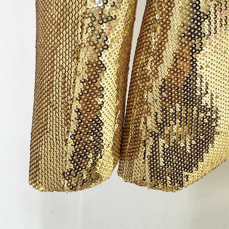 Gold sequin blazer pantsuit for women featuring shimmering sequins and stylish design