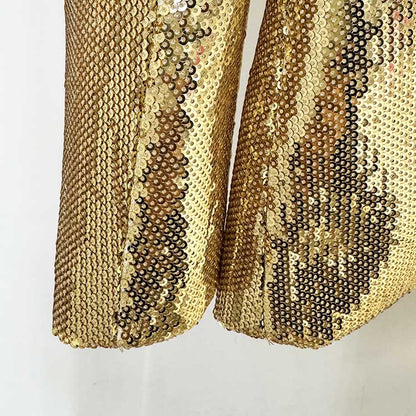 Gold sequin blazer pantsuit for women featuring shimmering sequins and stylish design