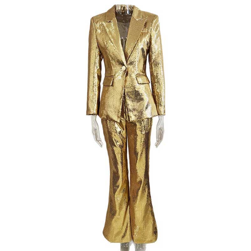 Elegant gold sequin blazer pantsuit for women with a tailored fit and stylish silhouette