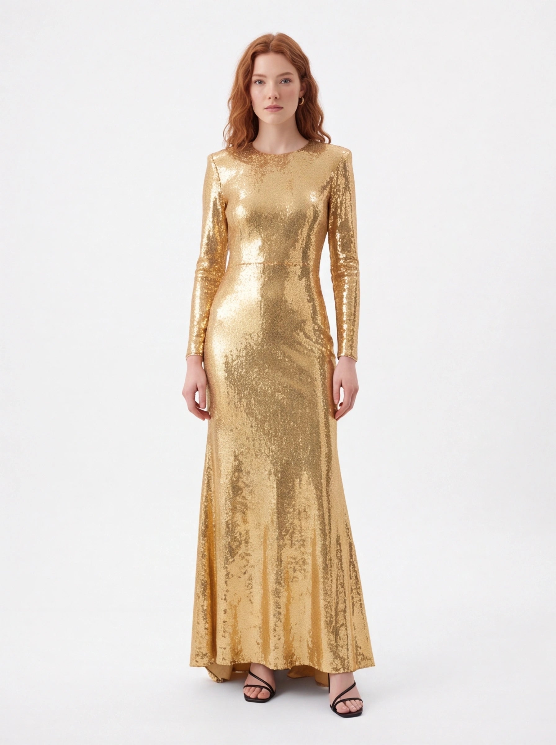 Gold sequin long sleeve maxi dress for formal events