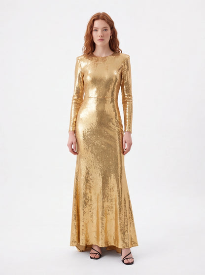 Gold sequin long sleeve maxi dress for formal events