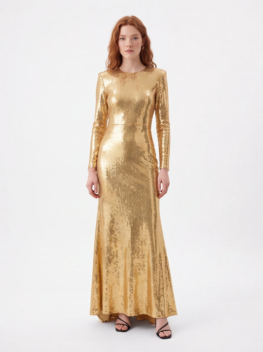 Gold sequin long sleeve maxi dress for formal events