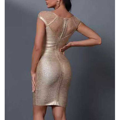 sd-hk Gold Sequin Midi Dress Short Sleeve Bodycon Party Dress