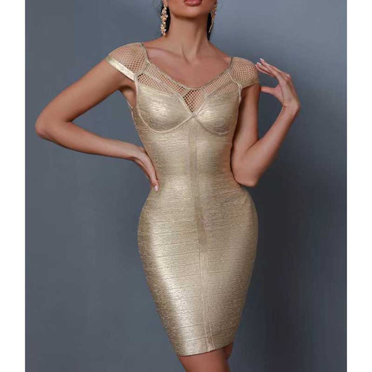 sd-hk Gold Sequin Midi Dress Short Sleeve Bodycon Party Dress
