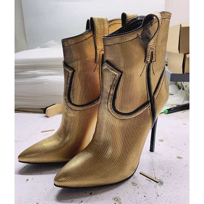 Pointed Toe Gold Stiletto Ankle Boots