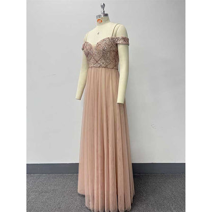 Rose Gold Long Prom Dress Off The Shoulder A Line Sequin Bridesmaid Dress
