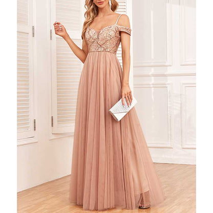Rose Gold Long Prom Dress Off The Shoulder A Line Sequin Bridesmaid Dress