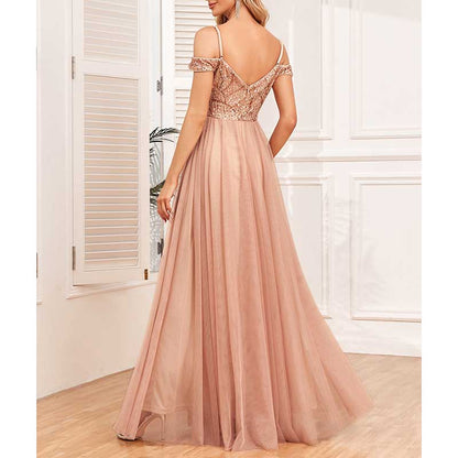 Rose Gold Long Prom Dress Off The Shoulder A Line Sequin Bridesmaid Dress