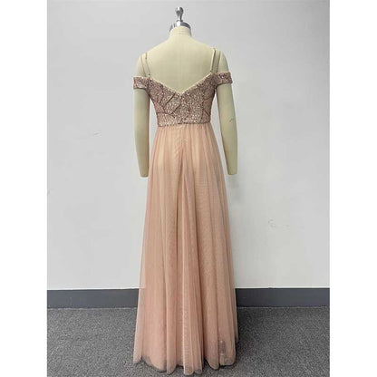 Rose Gold Long Prom Dress Off The Shoulder A Line Sequin Bridesmaid Dress